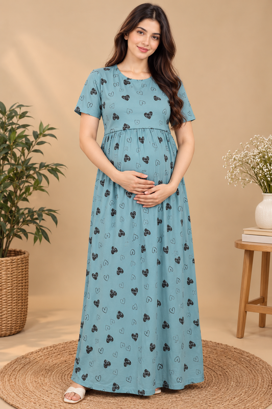 Zipless Cotton Maternity & Feeding Nightgown | Pregnancy Nighty | Green Sketch Heart