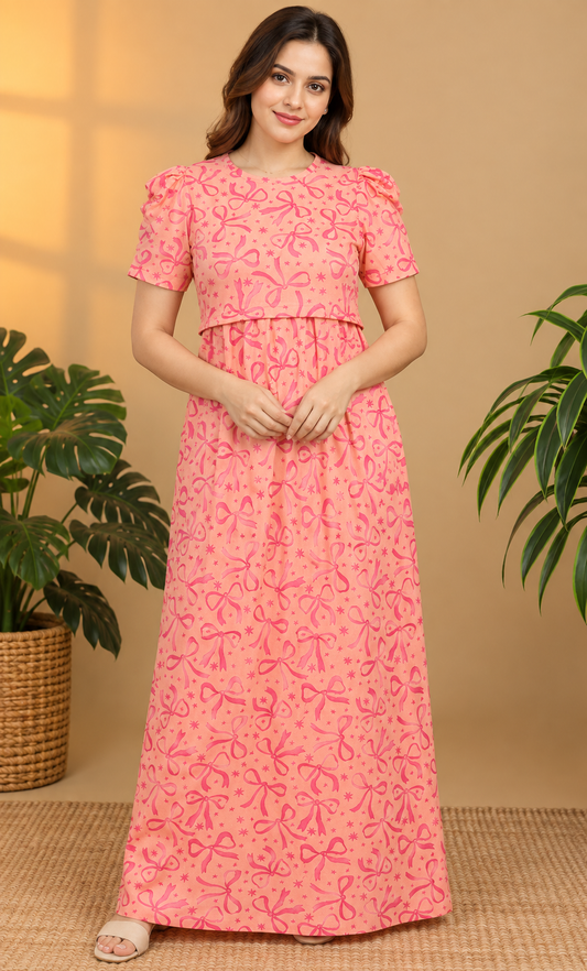 Zipless Cotton Maternity & Feeding Nightgown | Pregnancy Nighty | Pink Bow