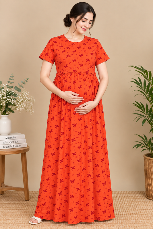 Zipless Cotton Maternity & Feeding Nightgown | Pregnancy | Rust Flora