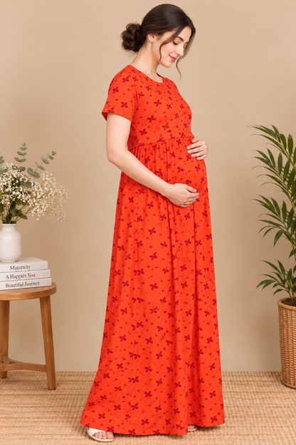 Zipless Cotton Maternity & Feeding Nightgown | Pregnancy | Rust Flora