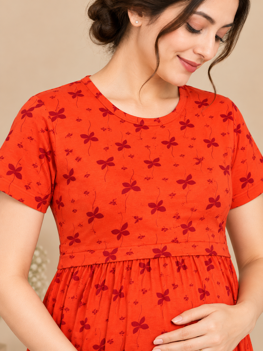 Zipless Cotton Maternity & Feeding Nightgown | Pregnancy | Rust Flora