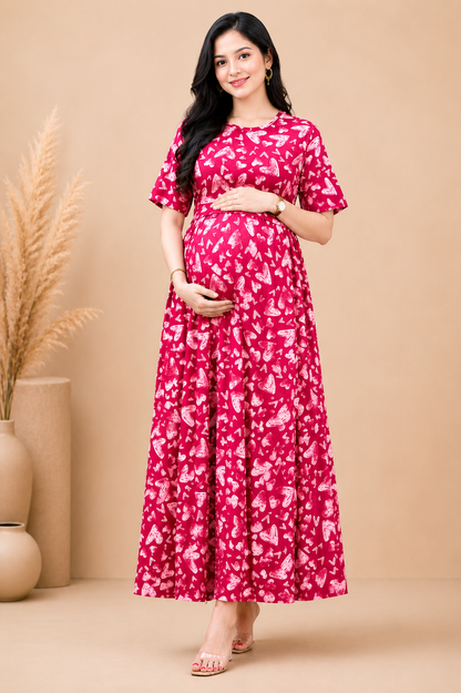 Zipless Cotton Maternity & Feeding Nightgown | Pregnancy | Red Sketch Heart