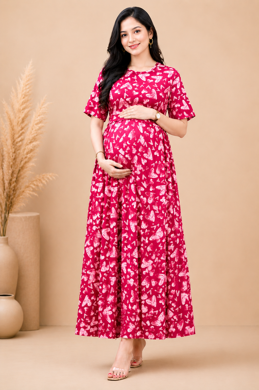 Zipless Cotton Maternity & Feeding Nightgown | Pregnancy | Red Sketch Heart