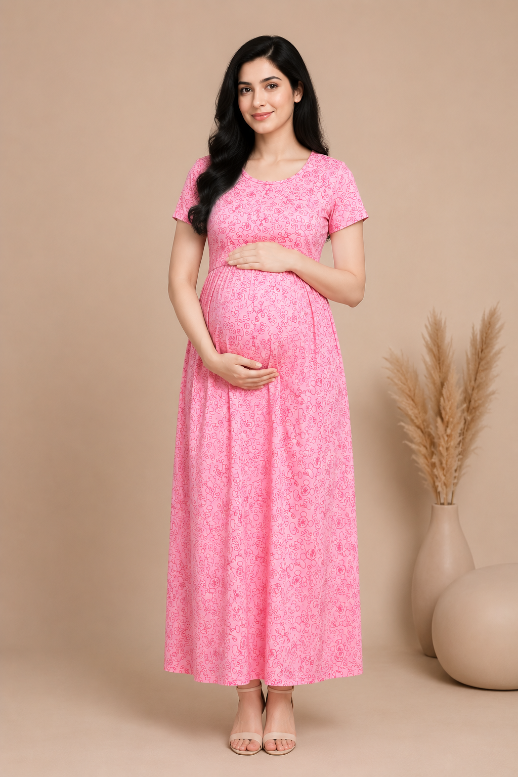 Zipless Cotton Maternity & Feeding Nightgown | Pregnancy Nighty | Rosy