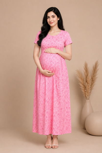 Zipless Cotton Maternity & Feeding Nightgown | Pregnancy Nighty | Rosy