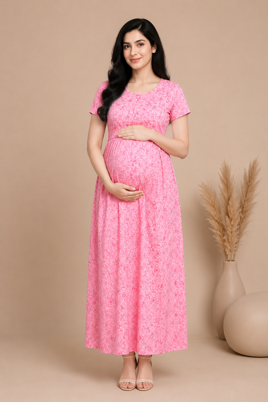 Zipless Cotton Maternity & Feeding Nightgown | Pregnancy Nighty | Rosy