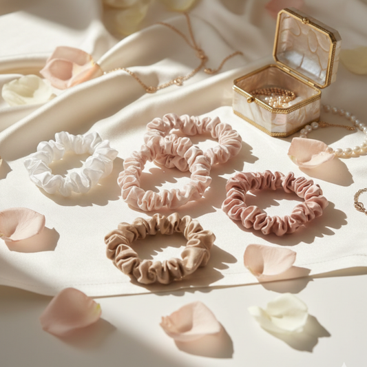 Four satin scrunchies in white, blush pink, dusty rose, and taupe are arranged on a draped cream fabric with scattered rose petals, alongside a small open mother-of-pearl jewelry box and pearl strands.