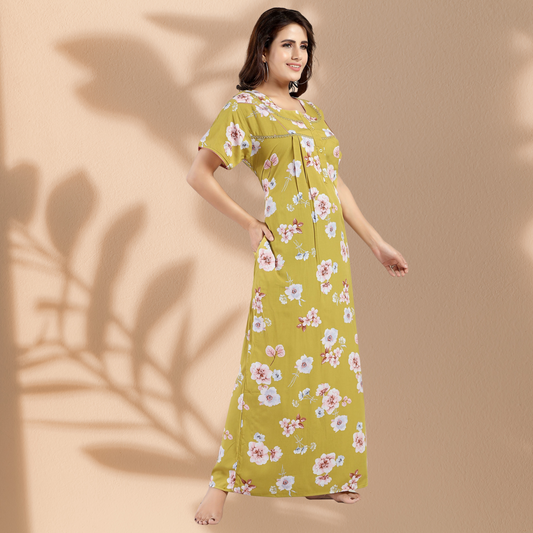 Jammies Haven Rayon Nighty in Light Yellow | Premium Nighty | Short Sleeve |Side Pocket | RY