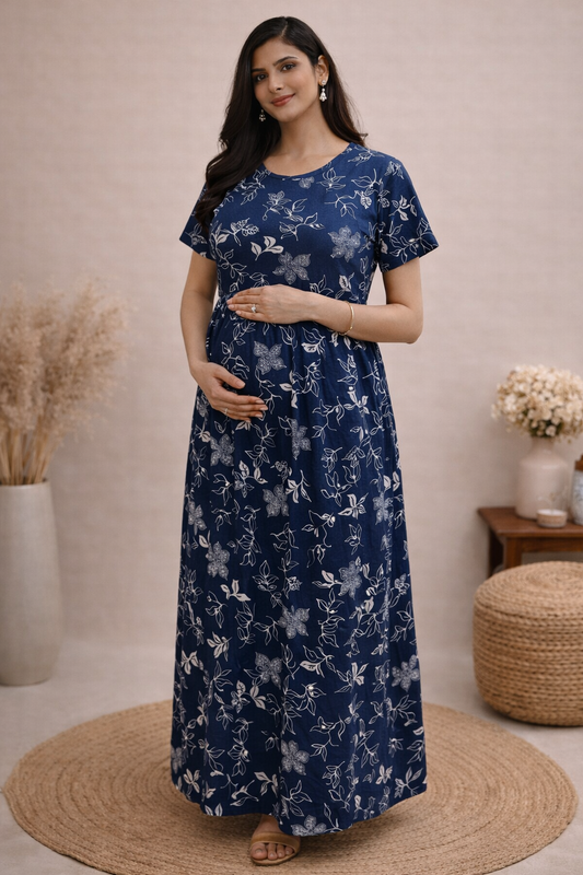 Zipless Cotton Maternity & Feeding Nightgown | Pregnancy | Slate Blue