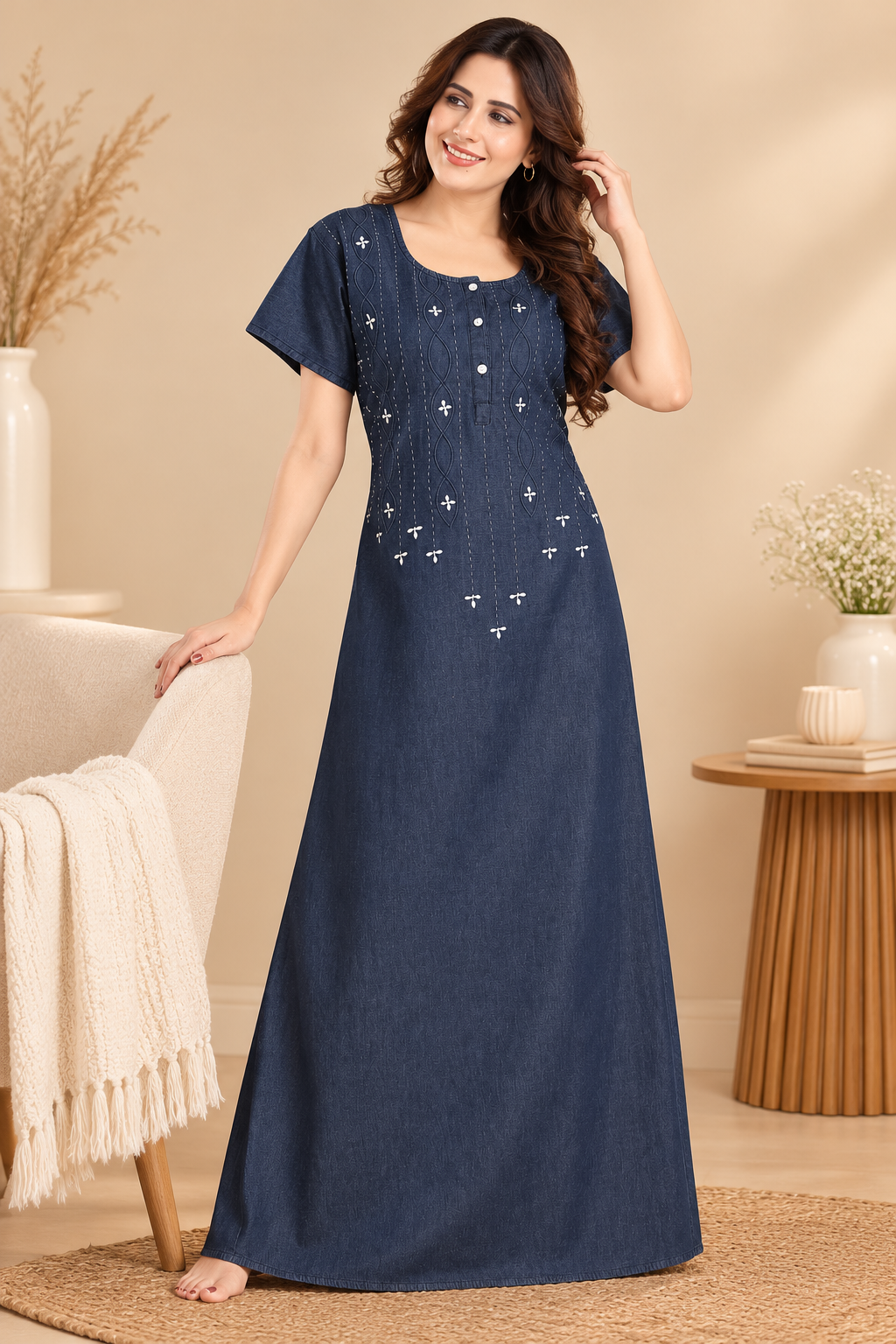 Women's Soft Cotton Denim Nighty in Dark Blue with White Embroidery | Jammies Haven