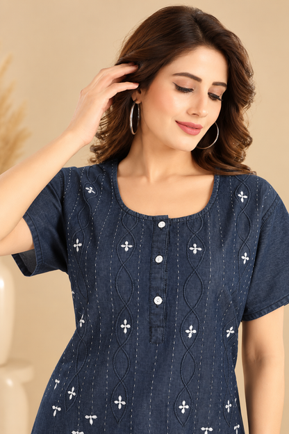 Women's Soft Cotton Denim Nighty in Dark Blue with White Embroidery | Jammies Haven