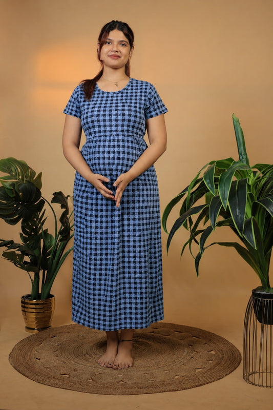 Zipless Cotton Maternity & Feeding Nightgown | Pregnancy Nighty | Checked Blue
