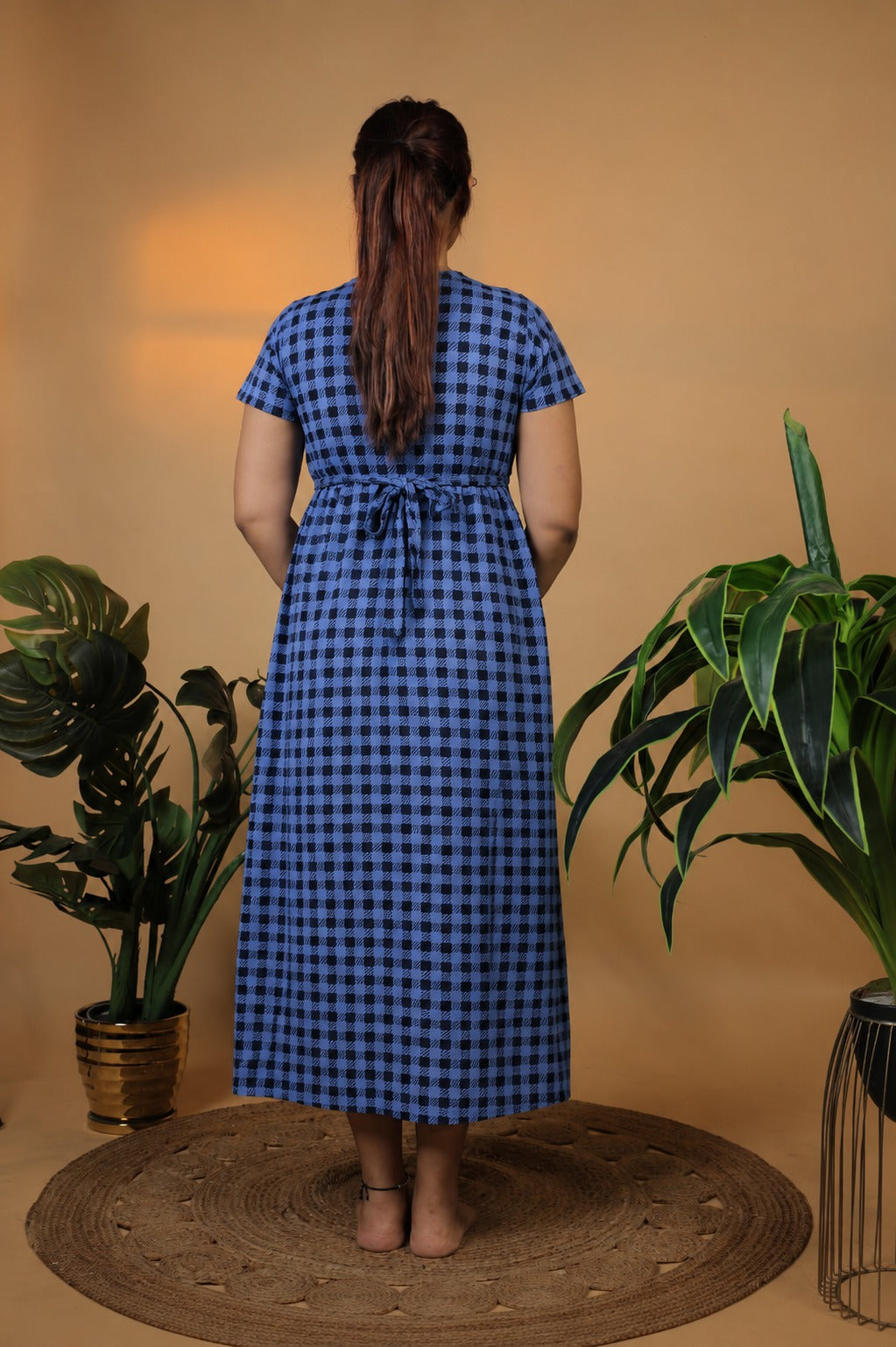 Zipless Cotton Maternity & Feeding Nightgown | Pregnancy Nighty | Checked Blue