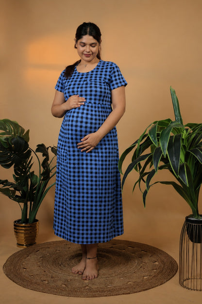 Zipless Cotton Maternity & Feeding Nightgown | Pregnancy Nighty | Checked Blue