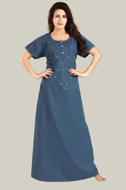 Jammies Haven Denim Nighty in Light Blue with White Embroidery | Premium Nightgown | Short Sleeve | Side Pocket