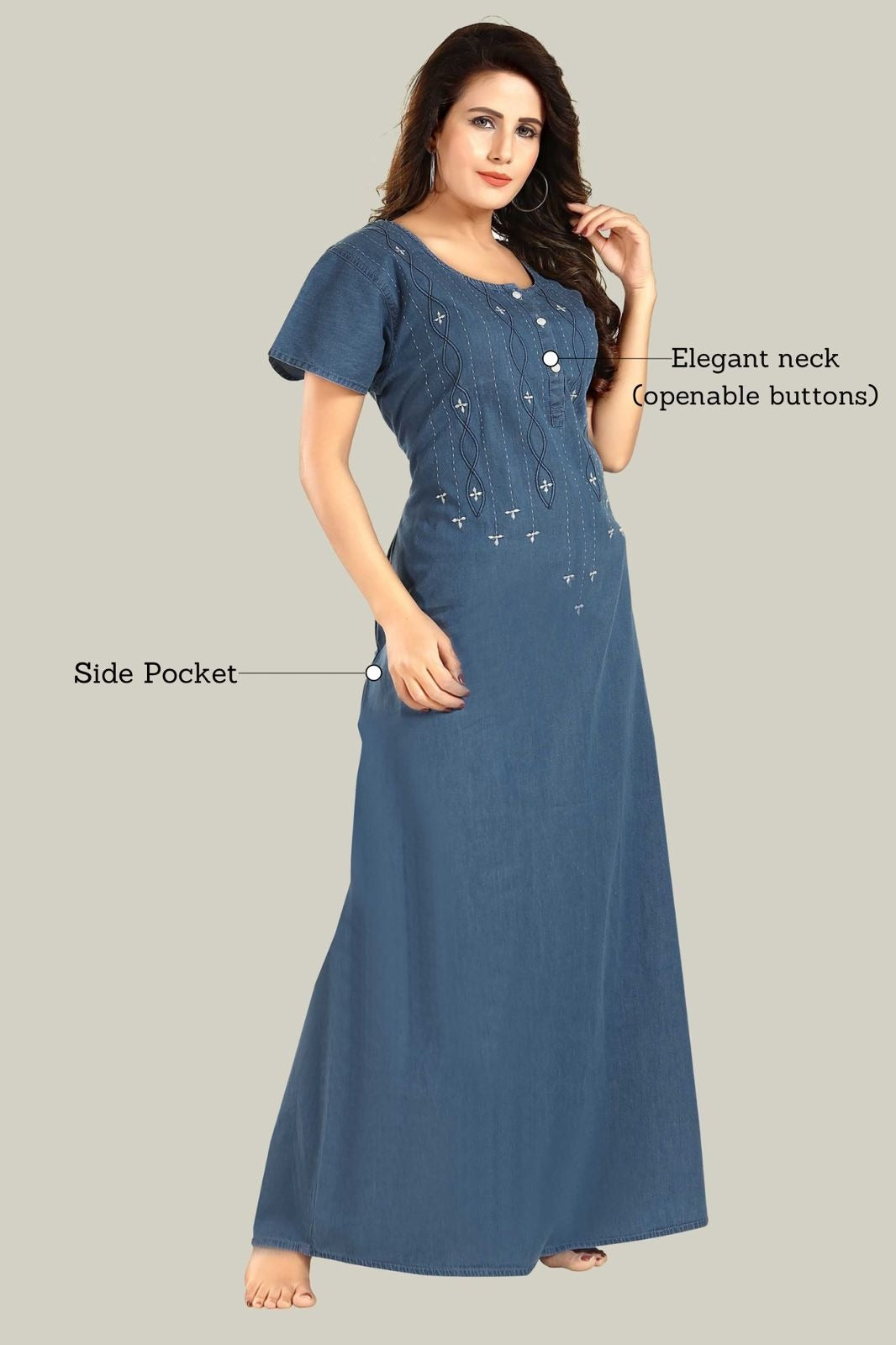 Jammies Haven Denim Nighty in Light Blue with White Embroidery | Premium Nightgown | Short Sleeve | Side Pocket