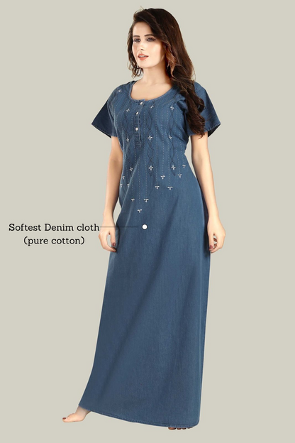 Jammies Haven Denim Nighty in Light Blue with White Embroidery | Premium Nightgown | Short Sleeve | Side Pocket