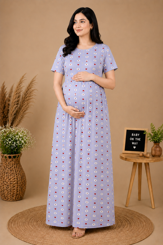 Zipless Cotton Maternity & Feeding Nightgown | Pregnancy | Ice Blue
