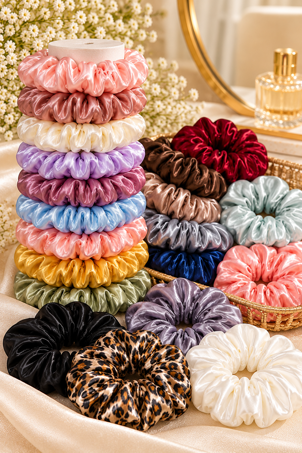 Multicolor satin silk hair scrunchies displayed in a luxury cream and gold setting.