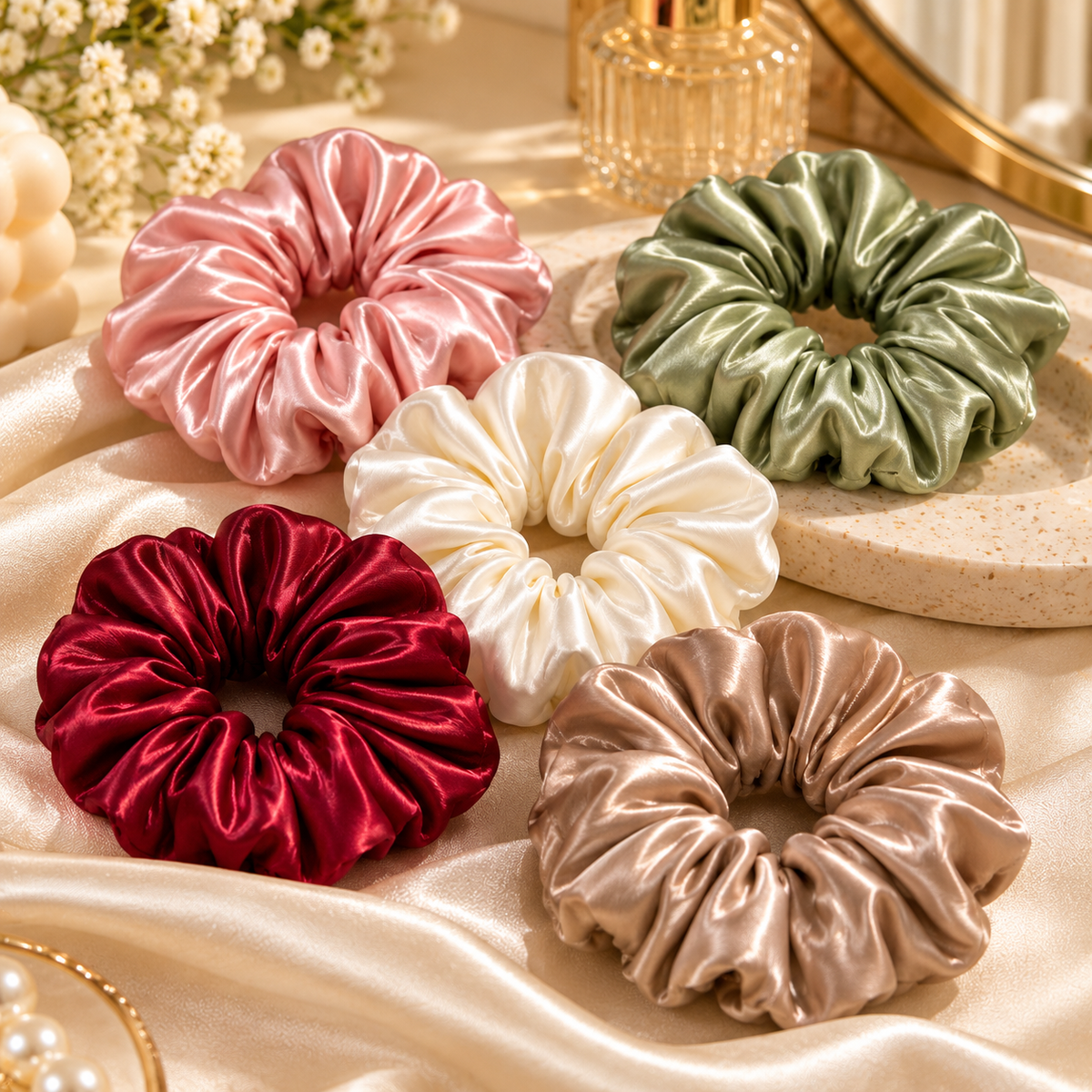 Satin silk multicolor hair scrunchies in pink, sage green, ivory, burgundy and taupe on a champagne satin background.