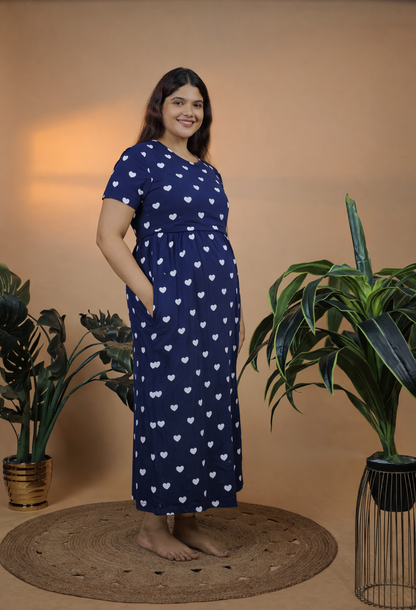 Valentine Zipless Cotton Feeding & Nursing Gown – Navy Blue Heart | TH01