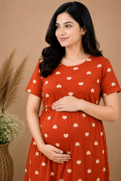 Zipless Cotton Maternity & Feeding Nightgown | Pregnancy | Rust Heart