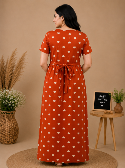 Zipless Cotton Maternity & Feeding Nightgown | Pregnancy | Rust Heart