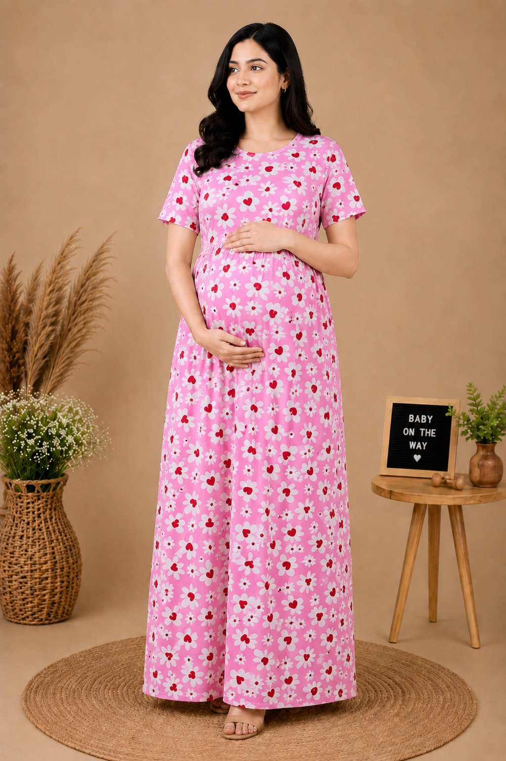 Zipless Cotton Maternity & Feeding Nightgown | Pregnancy | Bloom Pink