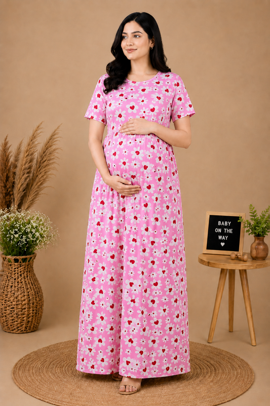 Zipless Cotton Maternity & Feeding Nightgown | Pregnancy | Bloom Pink
