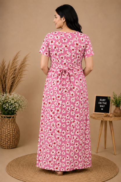 Zipless Cotton Maternity & Feeding Nightgown | Pregnancy | Bloom Pink