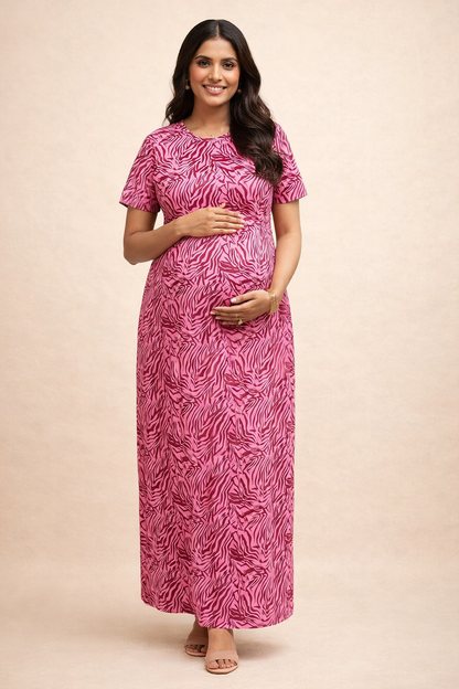 Zipless Cotton Maternity & Feeding Nightgown | Pregnancy Nighty | Stripe Pink