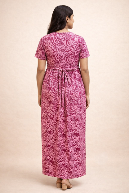 Zipless Cotton Maternity & Feeding Nightgown | Pregnancy Nighty | Stripe Pink