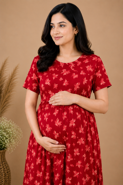 Zipless Cotton Maternity & Feeding Nightgown | Pregnancy | Red Autumn