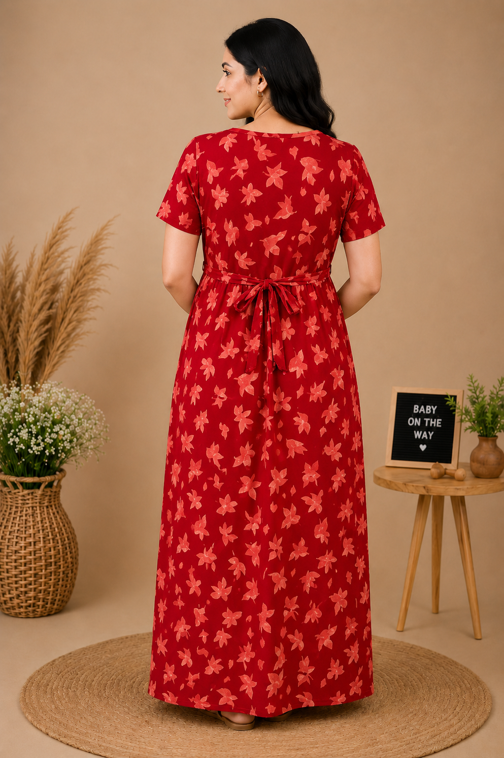 Zipless Cotton Maternity & Feeding Nightgown | Pregnancy | Red Autumn