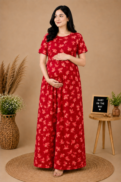 Zipless Cotton Maternity & Feeding Nightgown | Pregnancy | Red Autumn