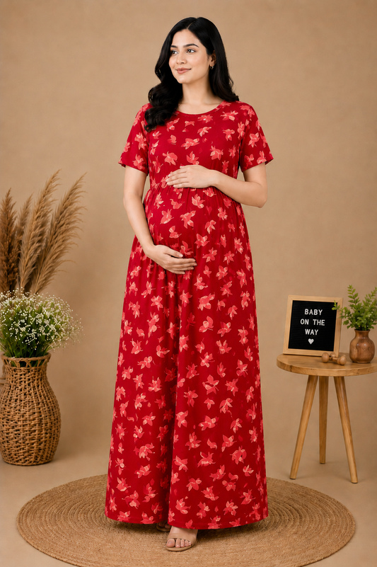 Zipless Cotton Maternity & Feeding Nightgown | Pregnancy | Red Autumn