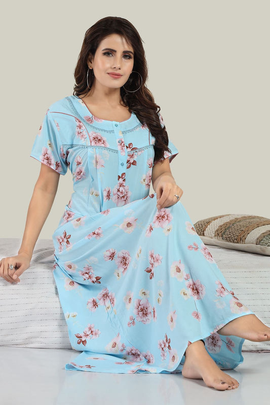 Jammies Haven Rayon Nighty in Light Blue | Premium Nighty | Short Sleeve |Side Pocket | RY
