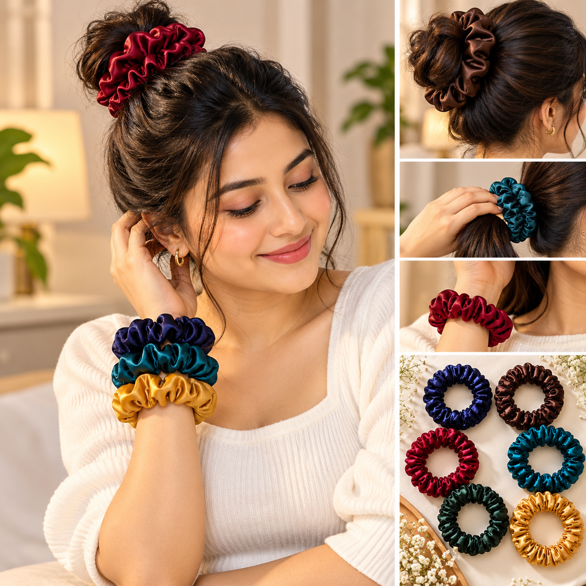 Woman wearing a navy blue slim hair scrunchie