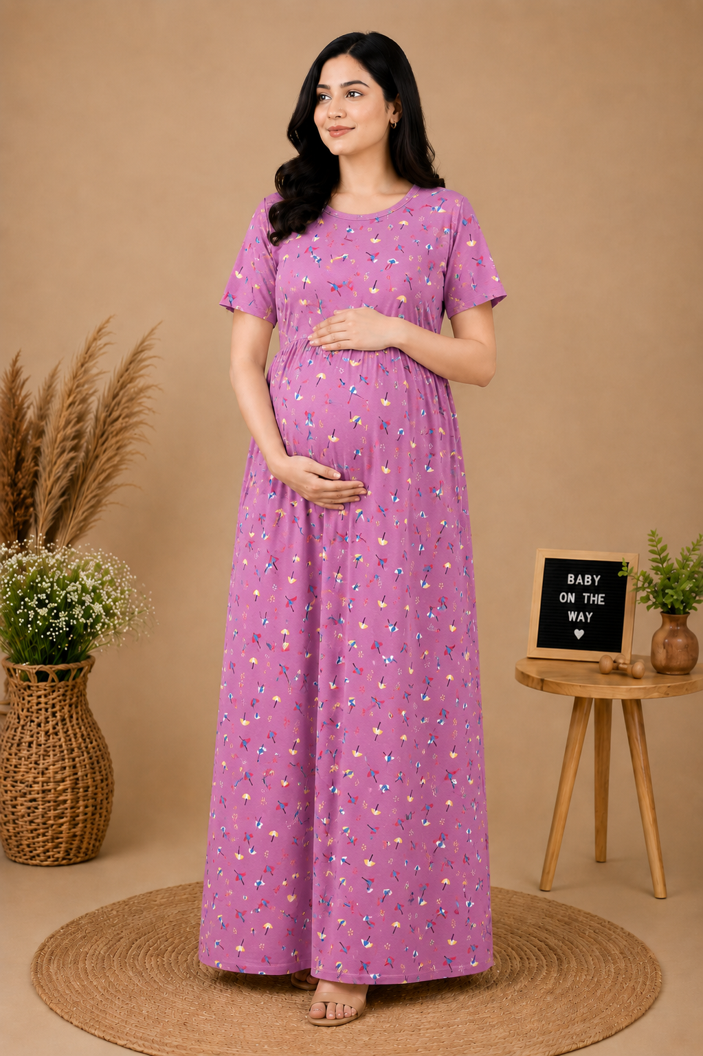Zipless Cotton Maternity & Feeding Nightgown | Pregnancy | Pink Umb
