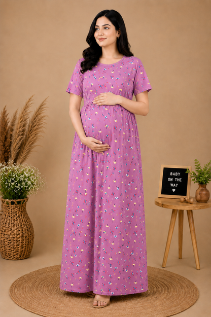 Zipless Cotton Maternity & Feeding Nightgown | Pregnancy | Pink Umb