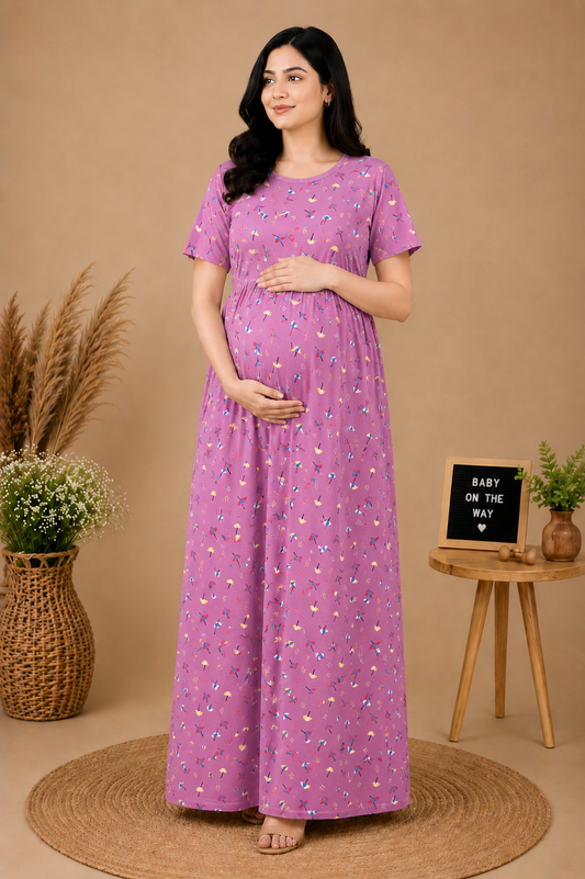 Zipless Cotton Maternity & Feeding Nightgown | Pregnancy | Pink Umb