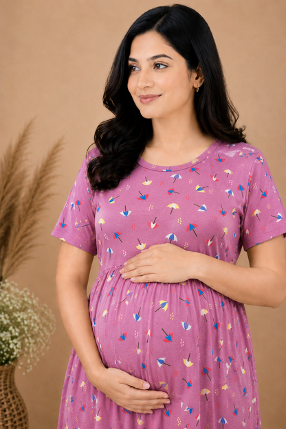 Zipless Cotton Maternity & Feeding Nightgown | Pregnancy | Pink Umb