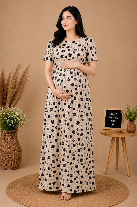 Zipless Cotton Maternity & Feeding Nightgown | Pregnancy | Sandy Floral