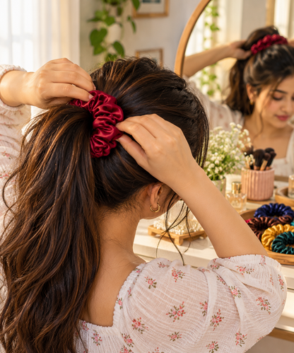 A woman with long dark brown hair wearing a deep red satin scrunchie, shown from behind as she adjusts it in a bright, cozy room with a vanity mirror and makeup accessories visible.