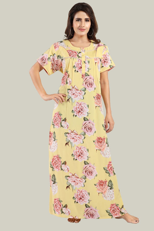 Jammies Haven Rayon Nighty in Yellow | Premium Nighty | Short Sleeve |Side Pocket | NRL