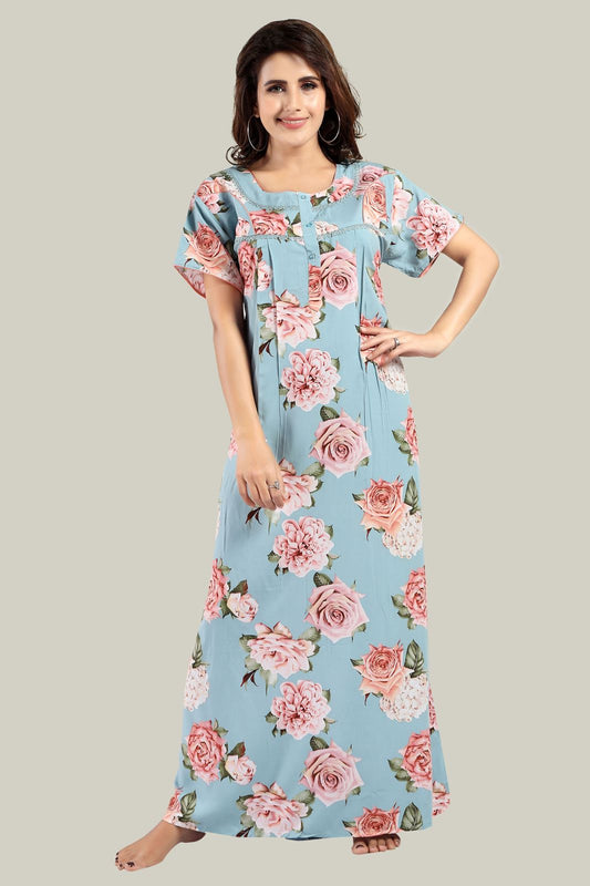 Jammies Haven Rayon Nighty in Sky Blue | Premium Nighty | Short Sleeve |Side Pocket | NRL