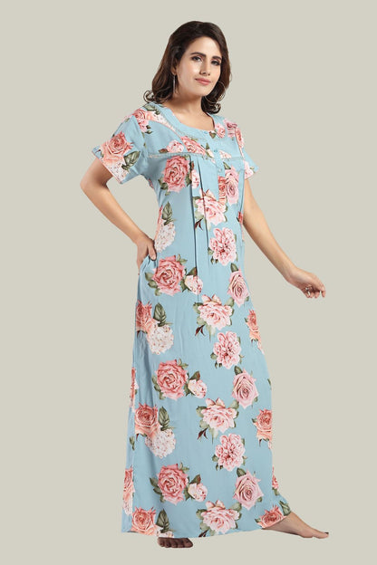 Jammies Haven Rayon Nighty in Sky Blue | Premium Nighty | Short Sleeve |Side Pocket | NRL