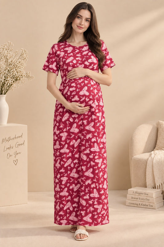 Zipless Cotton Maternity & Feeding Nightgown | Pregnancy | Red Sketch Heart