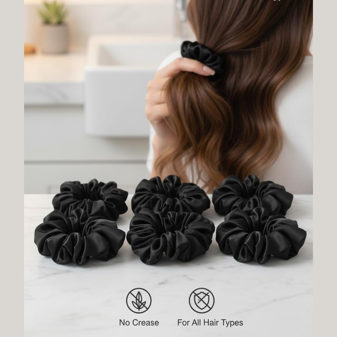 Black slim hair scrunchies displayed with product details