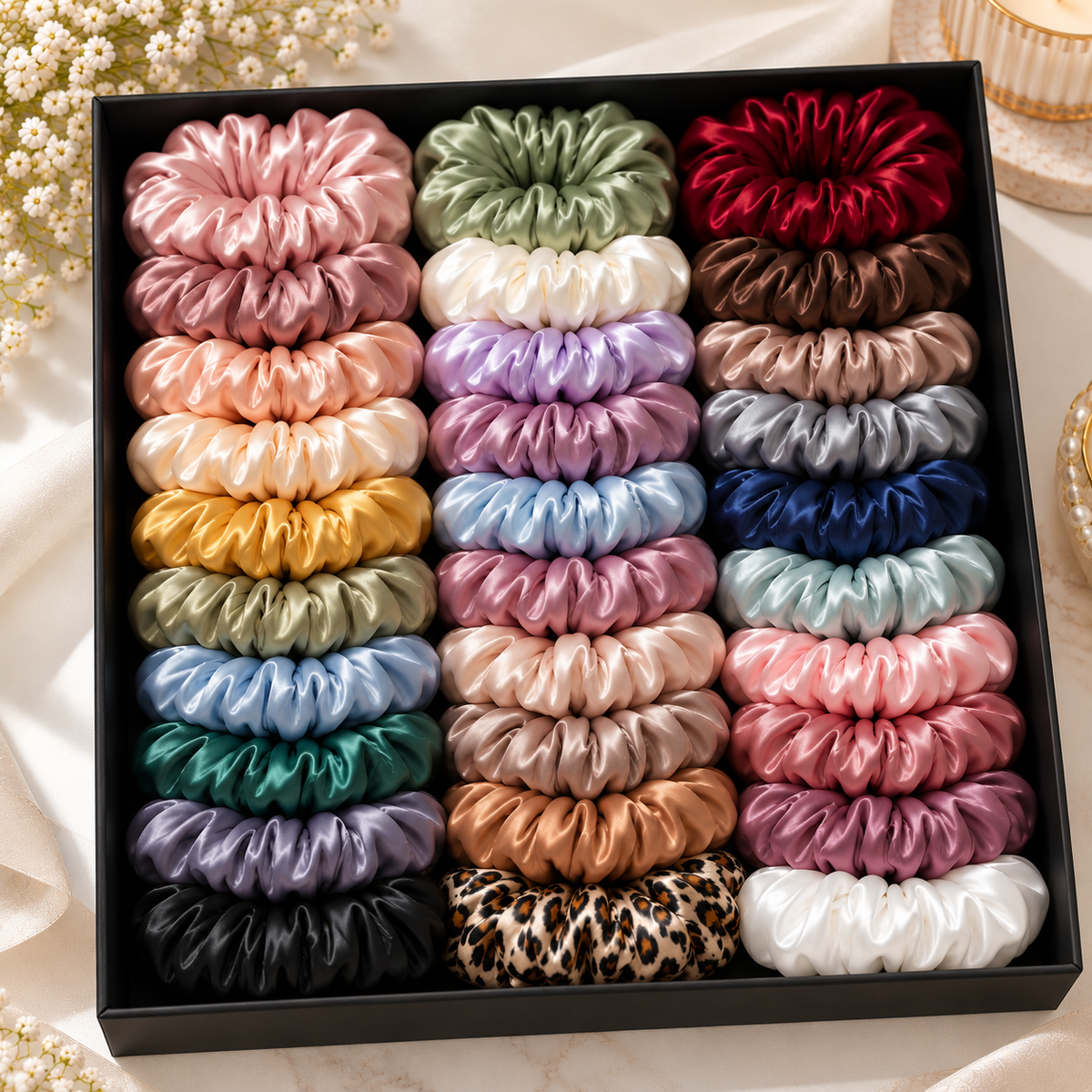 Pack of 24 multicolor satin-look hair scrunchies arranged in a display box